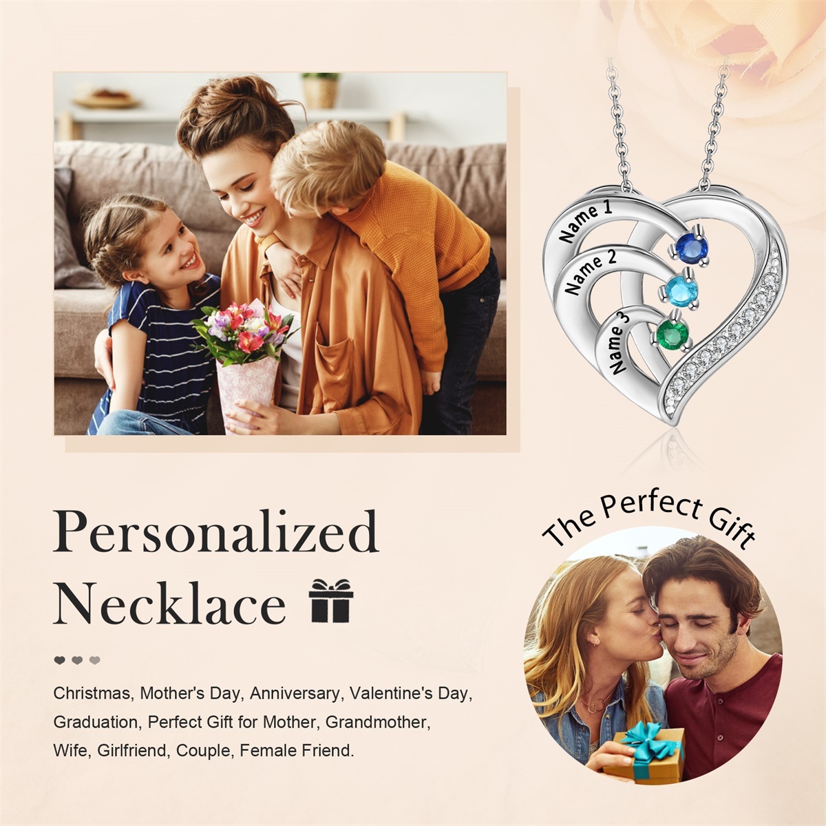 Personalised Mother Necklace Engraved 3 Names 3 Birthstone Intertwined Heart Pendant