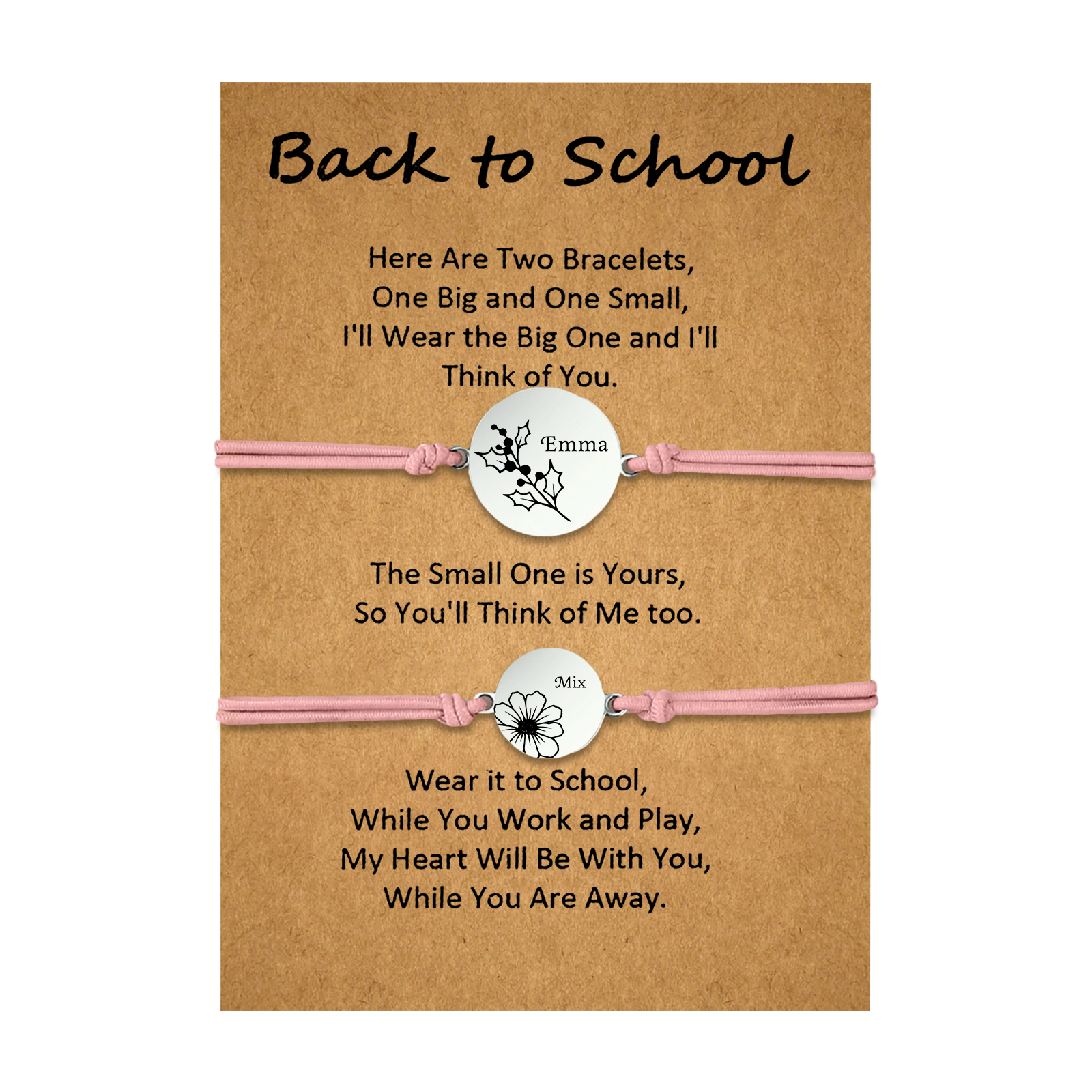 2 Pcs Bracelet Set Personalised Names & Birth Flowers Adjustable Bracelets with Message Card Back to School Gifts for Daughters-Jessemade AU