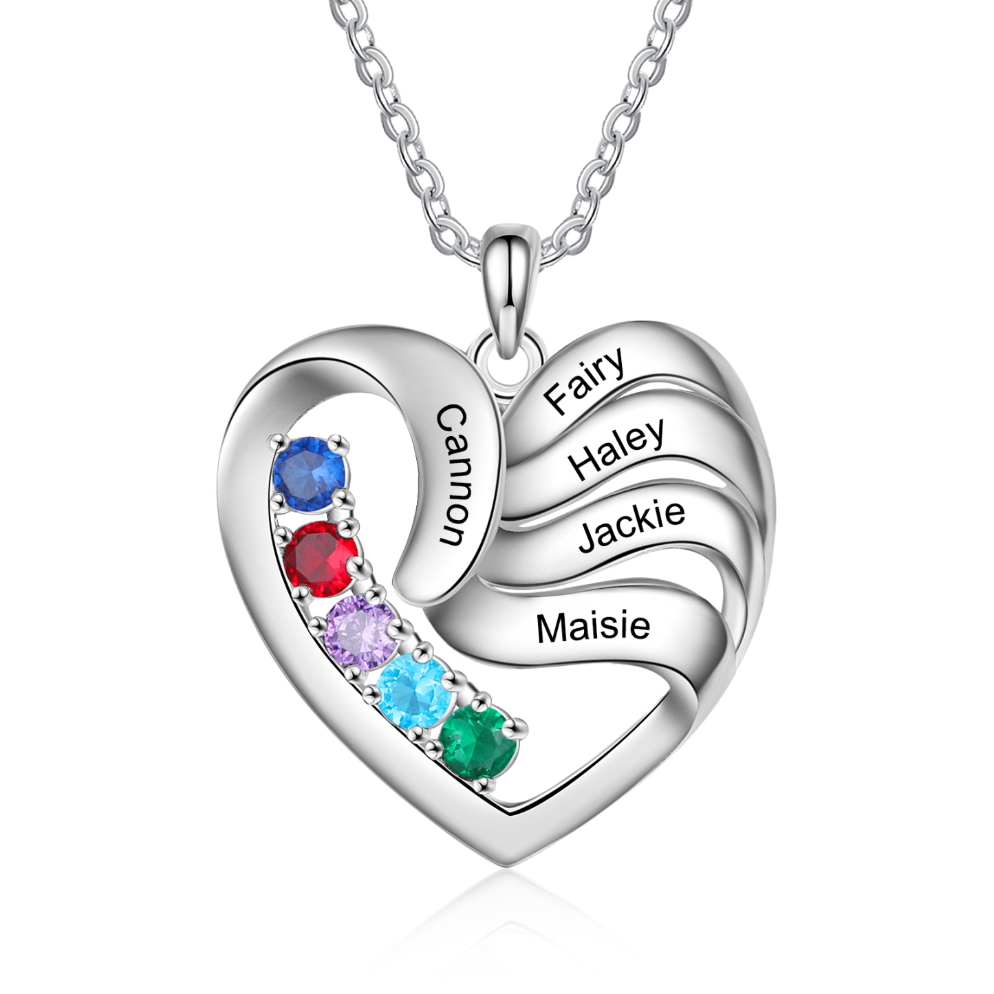Personalised Heart Necklace With 5 Birthstones Engraved Names Family Necklace Gifts for Her-Jessemade AU