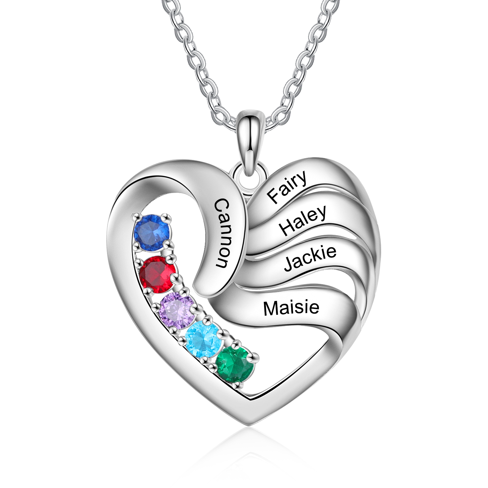 Personalised Heart Necklace With 5 Birthstones Engraved Names Family Necklace Gifts for Her-Jessemade AU