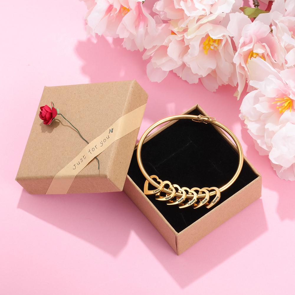 Personalised Love Bracelet with 6 Heart Charms Engraved 6 Names Bangle Bracelet Rose Gift for Her-Jessemade AU