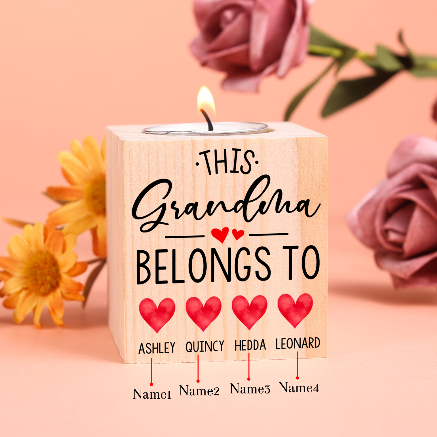 Personalised Wooden Candle Holder Engraved 4 Names Heart Candlestick Grandparents Day Gift for Grandma-Jessemade AU