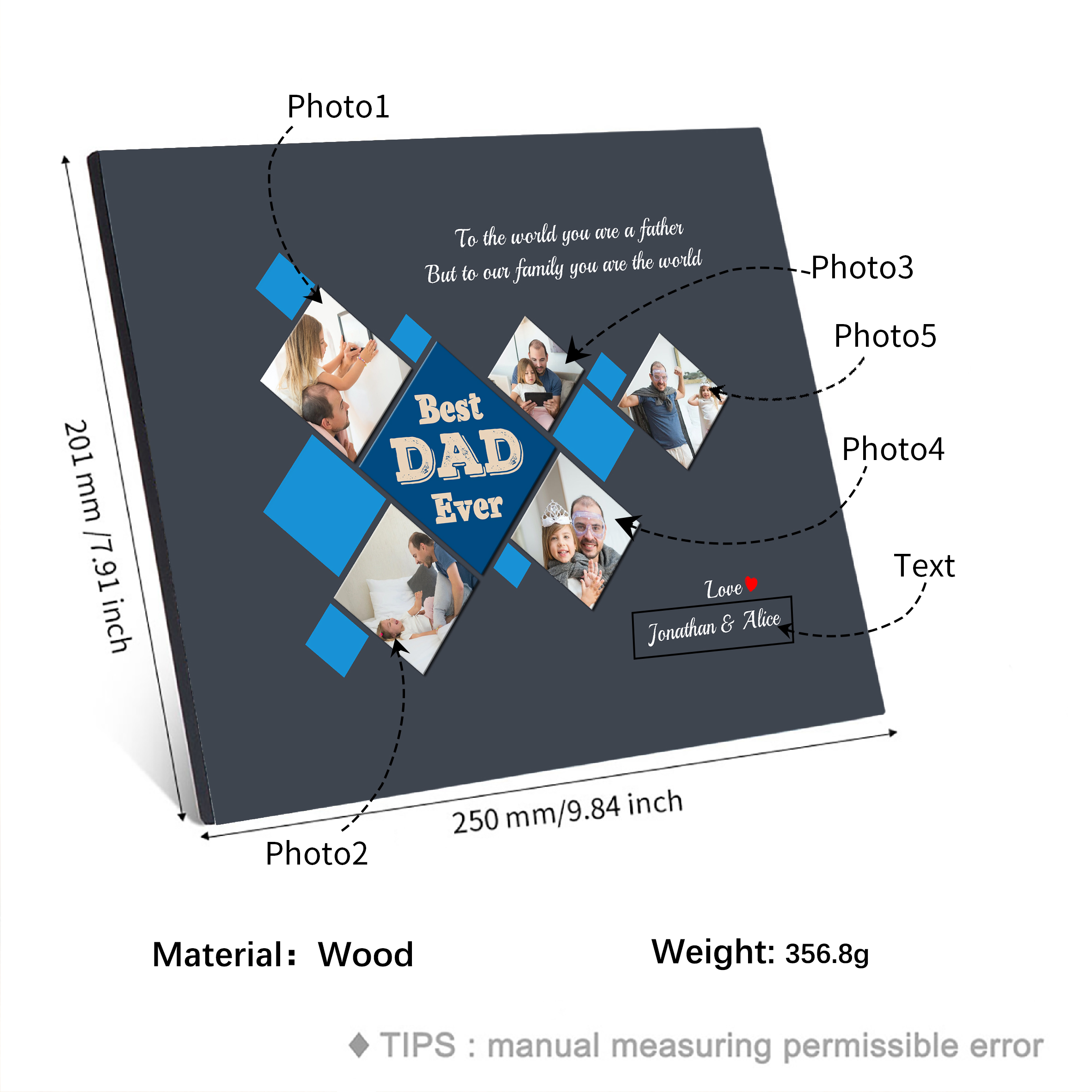 Father's Day Gifts Personalised Photo Frame Wood Signs Keepsake Custom 5 Photos-Jessemade AU