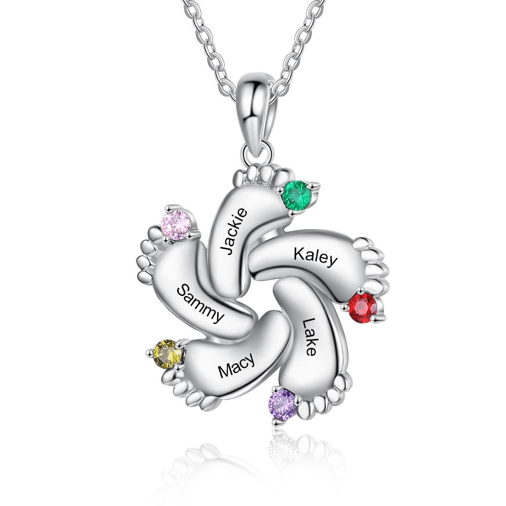 Baby Feet Necklace Custom 5 Birthstones Family Gifts Set for Mum