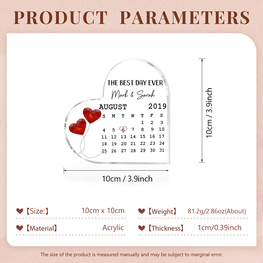 Couple Acrylic Heart Keepsake Custom 2 Names & Date & Text Calendar Ornament Valentine's Day Gift -  The Best Day Ever-Jessemade AU