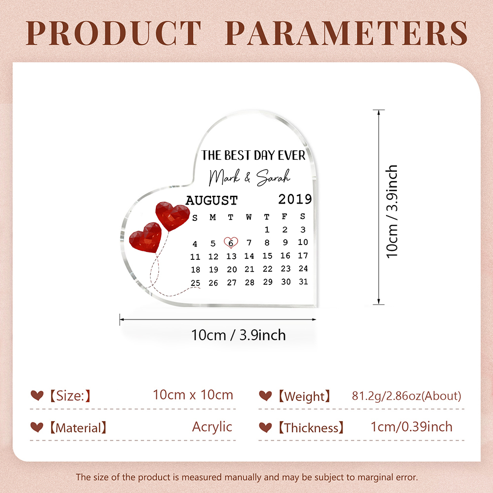 Couple Acrylic Heart Keepsake Custom 2 Names & Date & Text Calendar Ornament Valentine's Day Gift -  The Best Day Ever-Jessemade AU