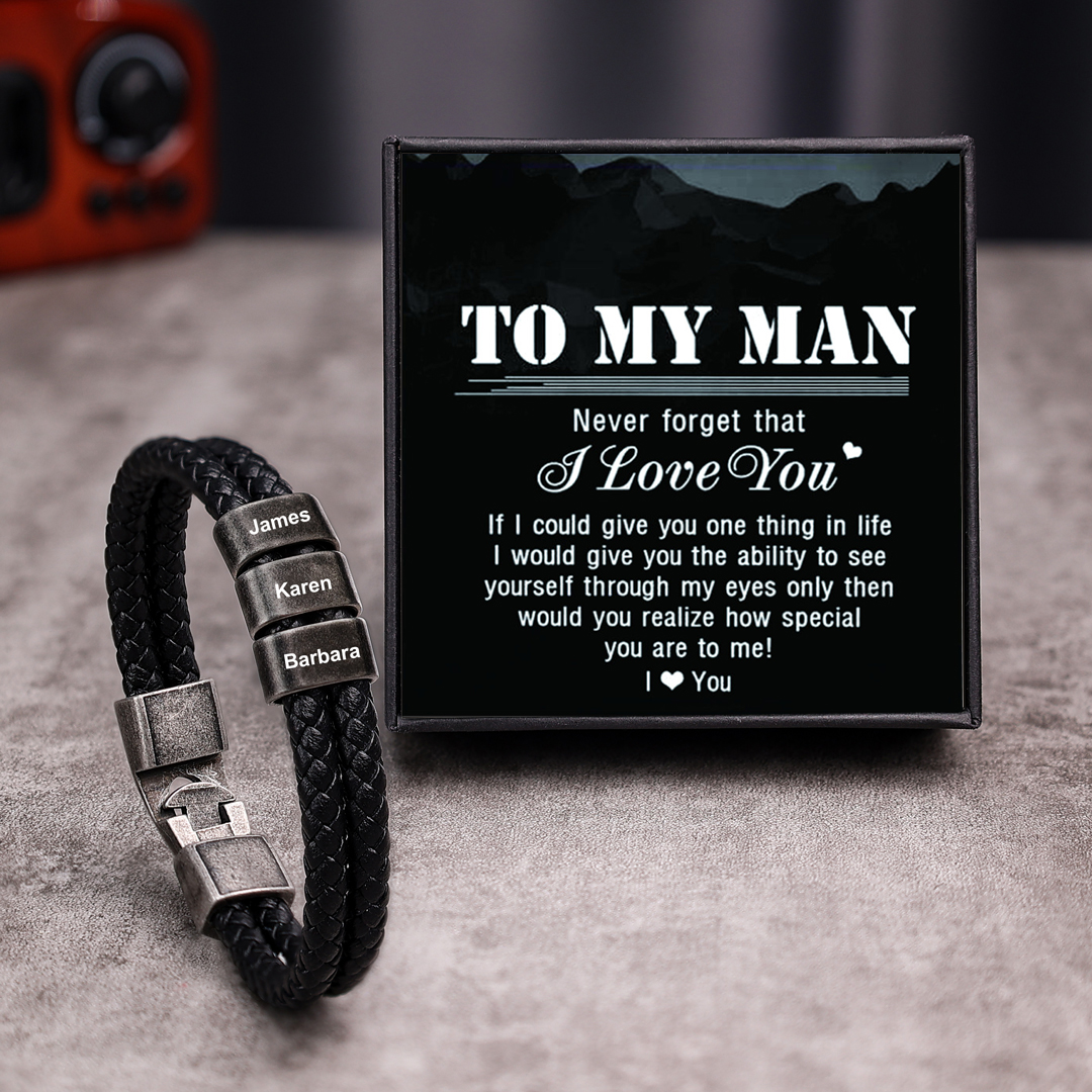 Personalised Men Leather Bracelet with 3 Names Beaded Wrap Bracelet Retro Style For Him-Jessemade AU
