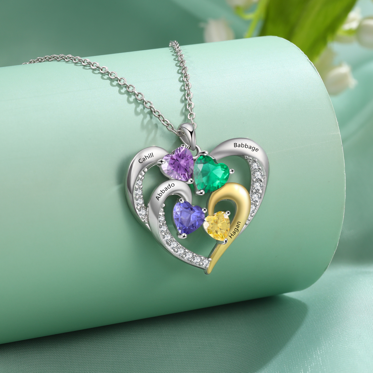 Personalised Intertwined Heart Pendant Necklace Custom 4 Birthstones & 4 Names Necklace Gifts for Her-Jessemade AU