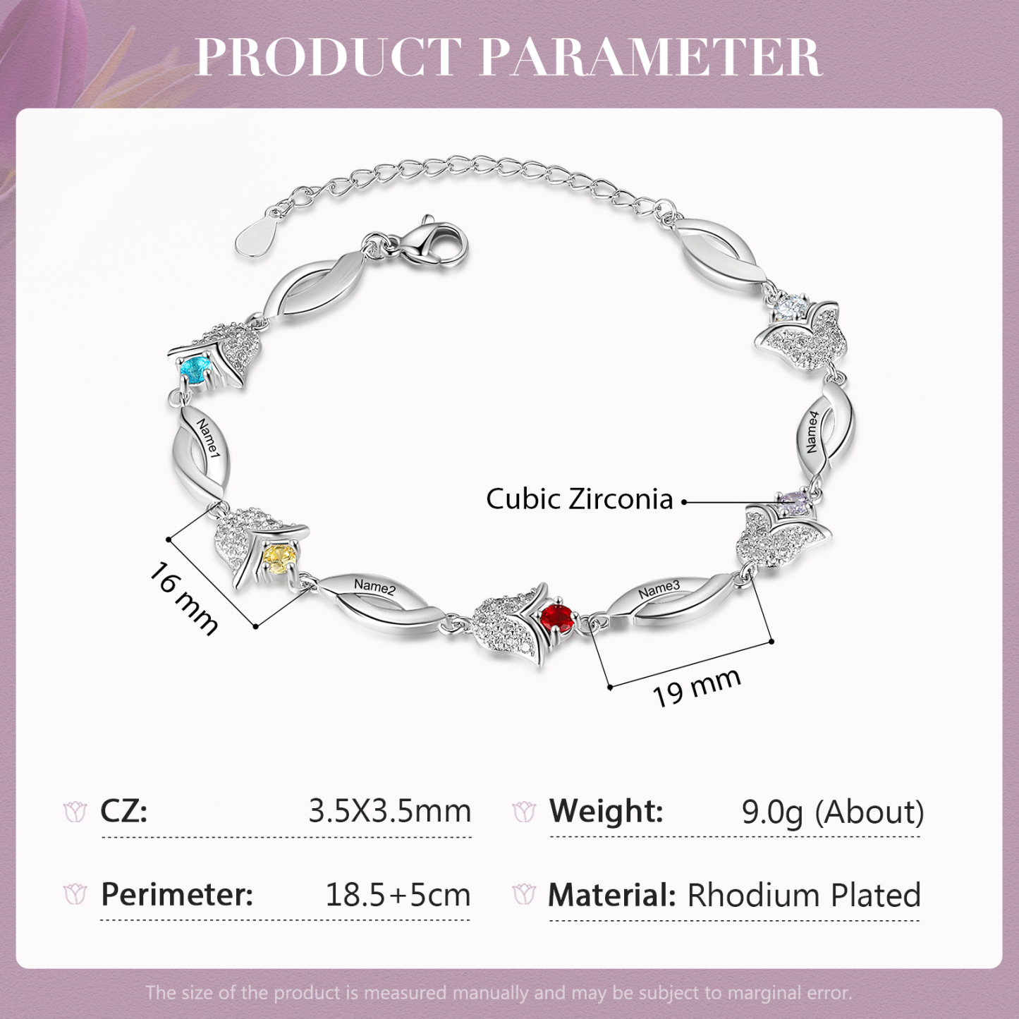 Flowers Series Personalised Tulip Bracelet With 4 Birthstone Engraved Names Flowers Charm Gifts For Her-Jessemade AU