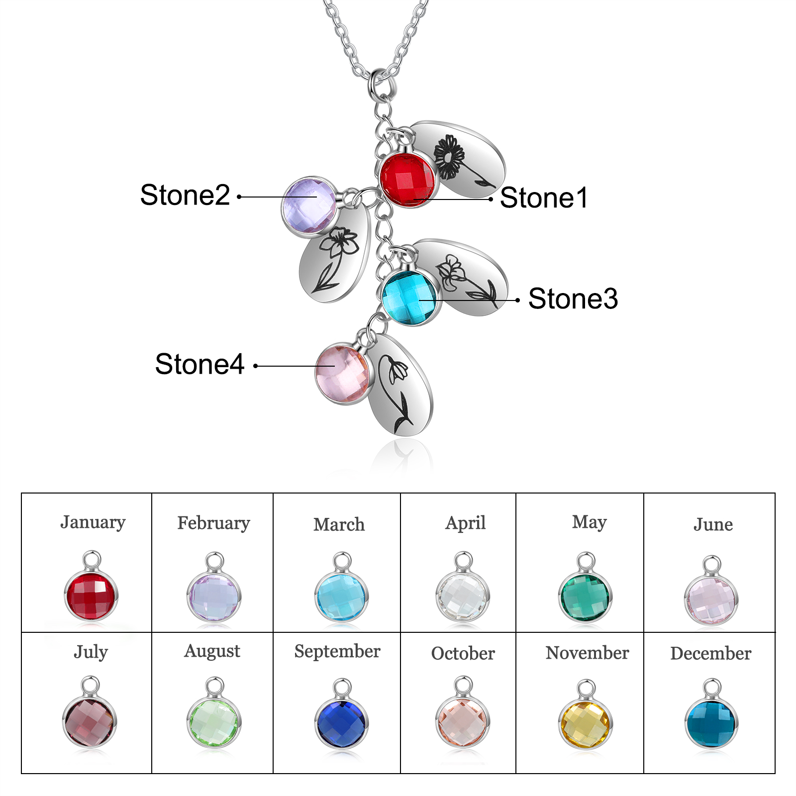 Personalised BirthFlowers Necklace With 4 Birthstones Best Gift For Women-Jessemade AU