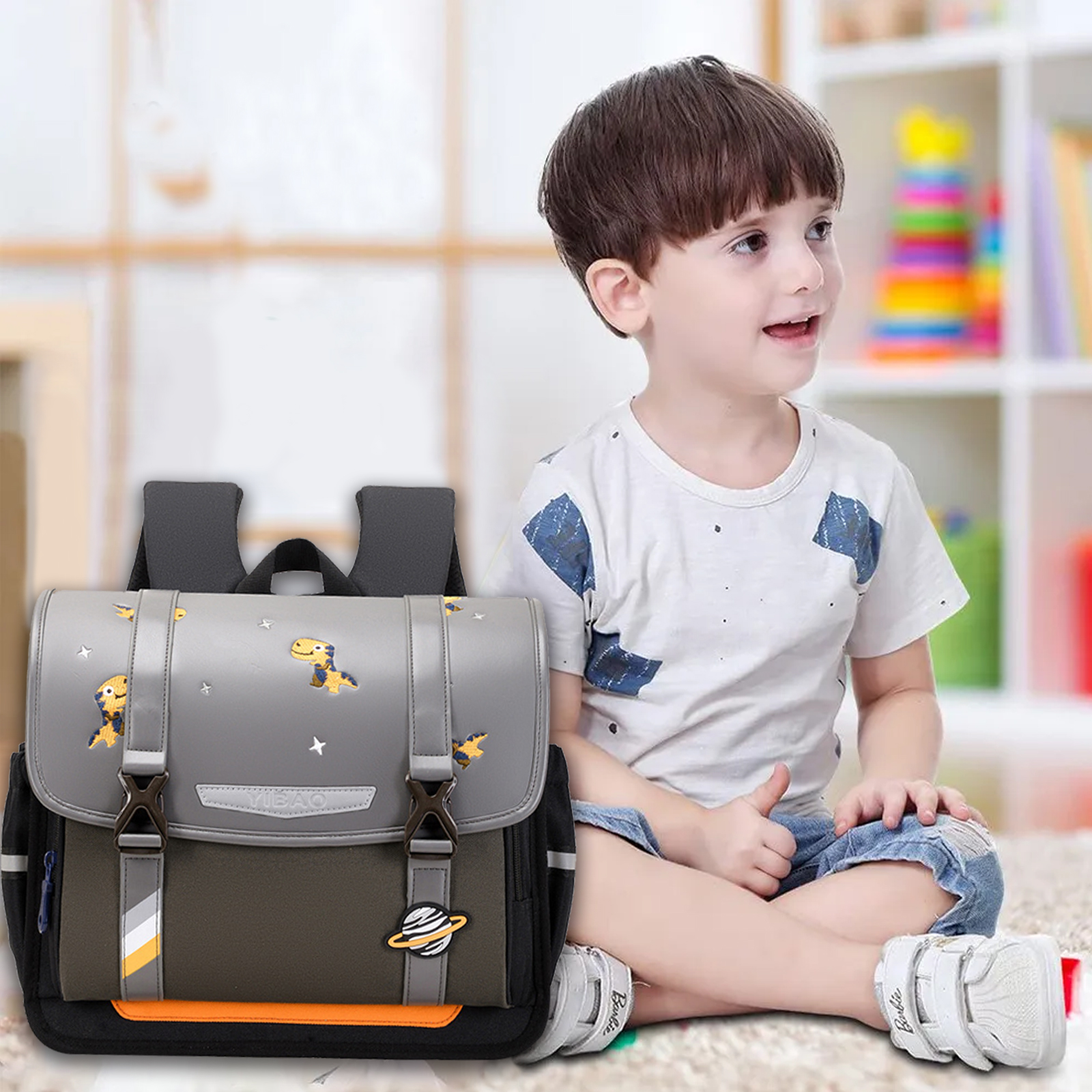 Children Dinosaur Cartable School Bag Grey Backpack Travel Bag Gift for Kids-Jessemade AU