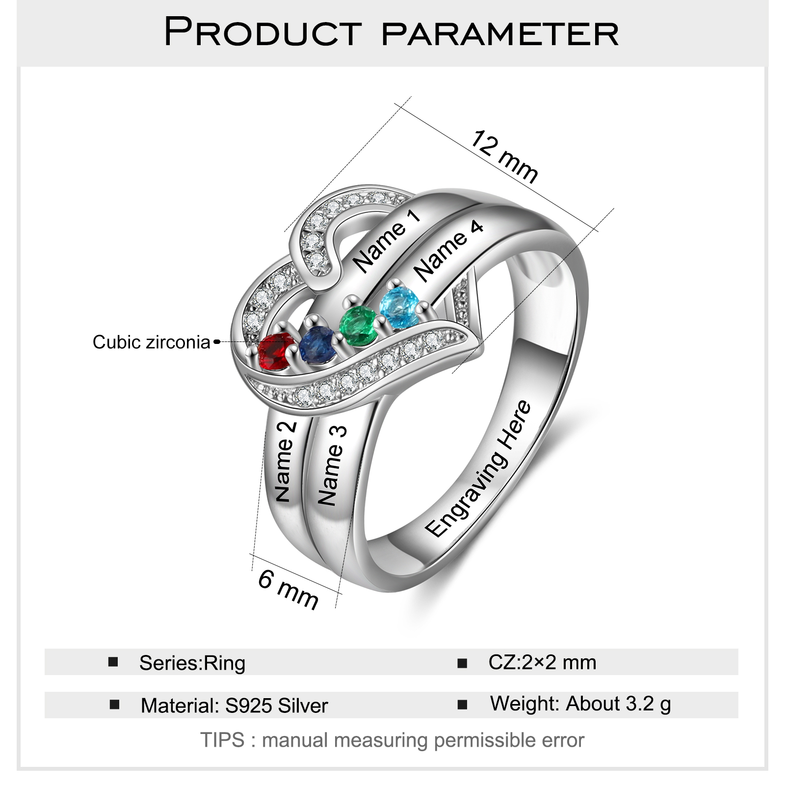 S925 Silver Personalised Mother Ring with 4 Birthstones Heart Family Ring-Jessemade AU