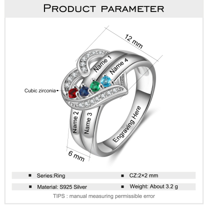 S925 Silver Personalised Mother Ring with 4 Birthstones Heart Family Ring-Jessemade AU