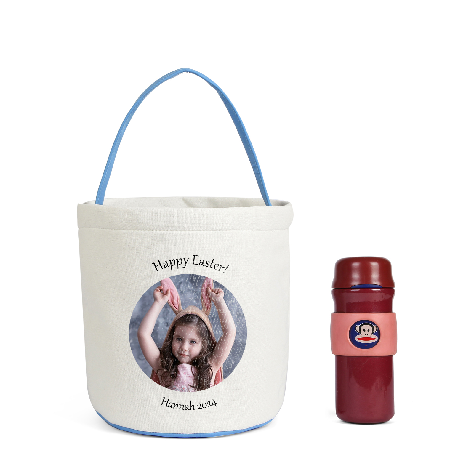 Easter Bunny Tote Bag Personalised Photo & 2 Texts Bucket Bag White Basket Gifts For Kids-Jessemade AU