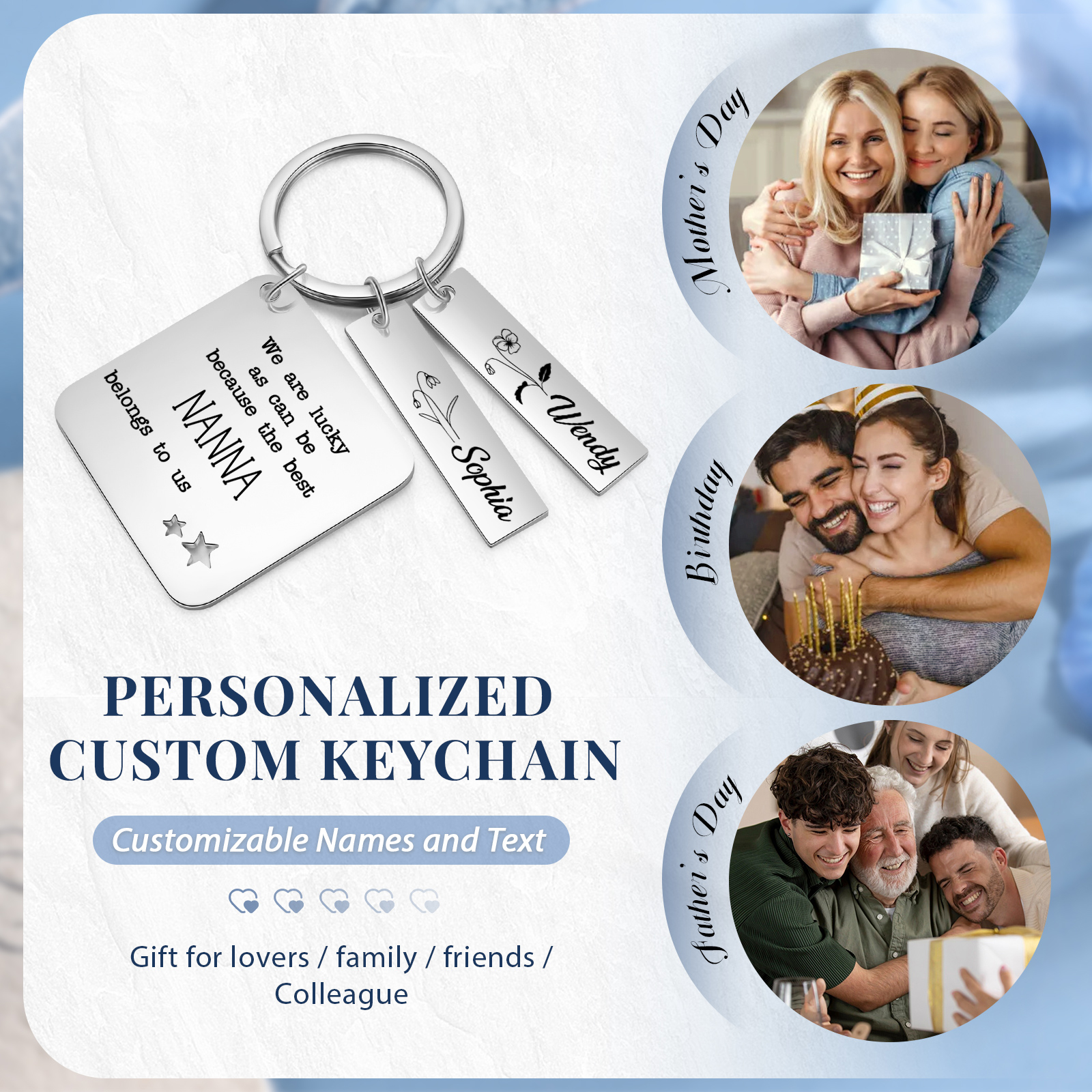 Personalised 2 Names & 2 Birth Flowers Keychain Custom Text Family Keychain Gifts for Mother/Grandma-Jessemade AU