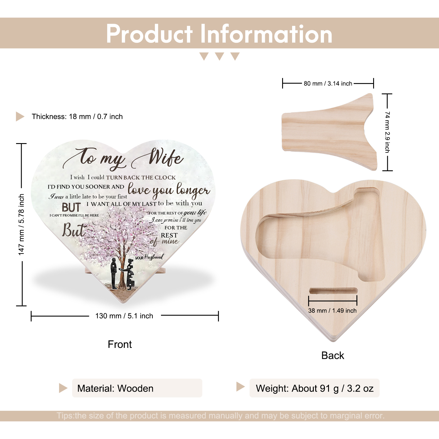 To My Wife Wooden Heart Keepsake Desktop Ornament "I'll Love You For The Rest of Mine"-Jessemade AU