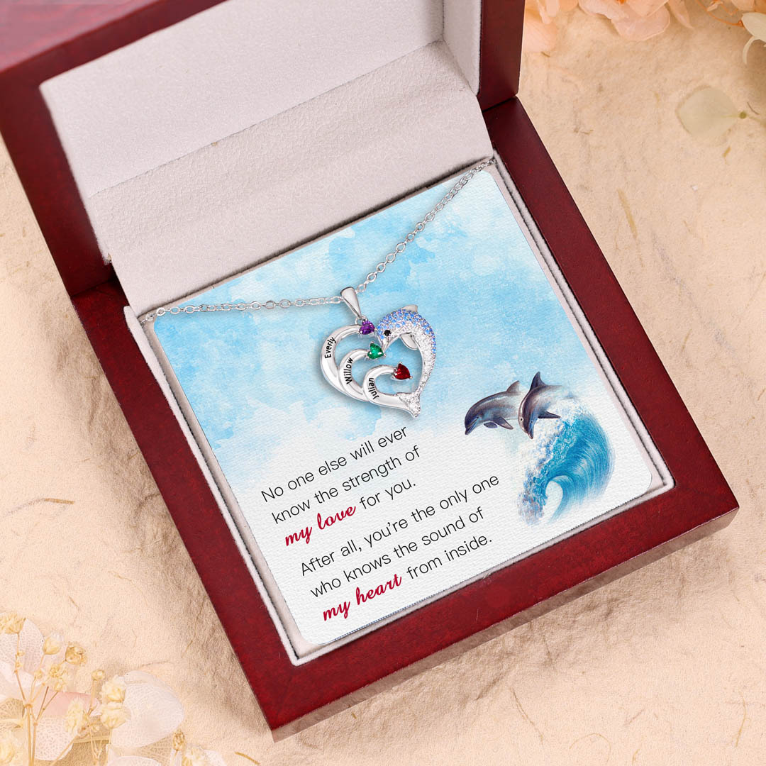 Personalised Heart Dolphin Necklace With 2 Birthstones Engraved Names Gift For Her-Jessemade AU