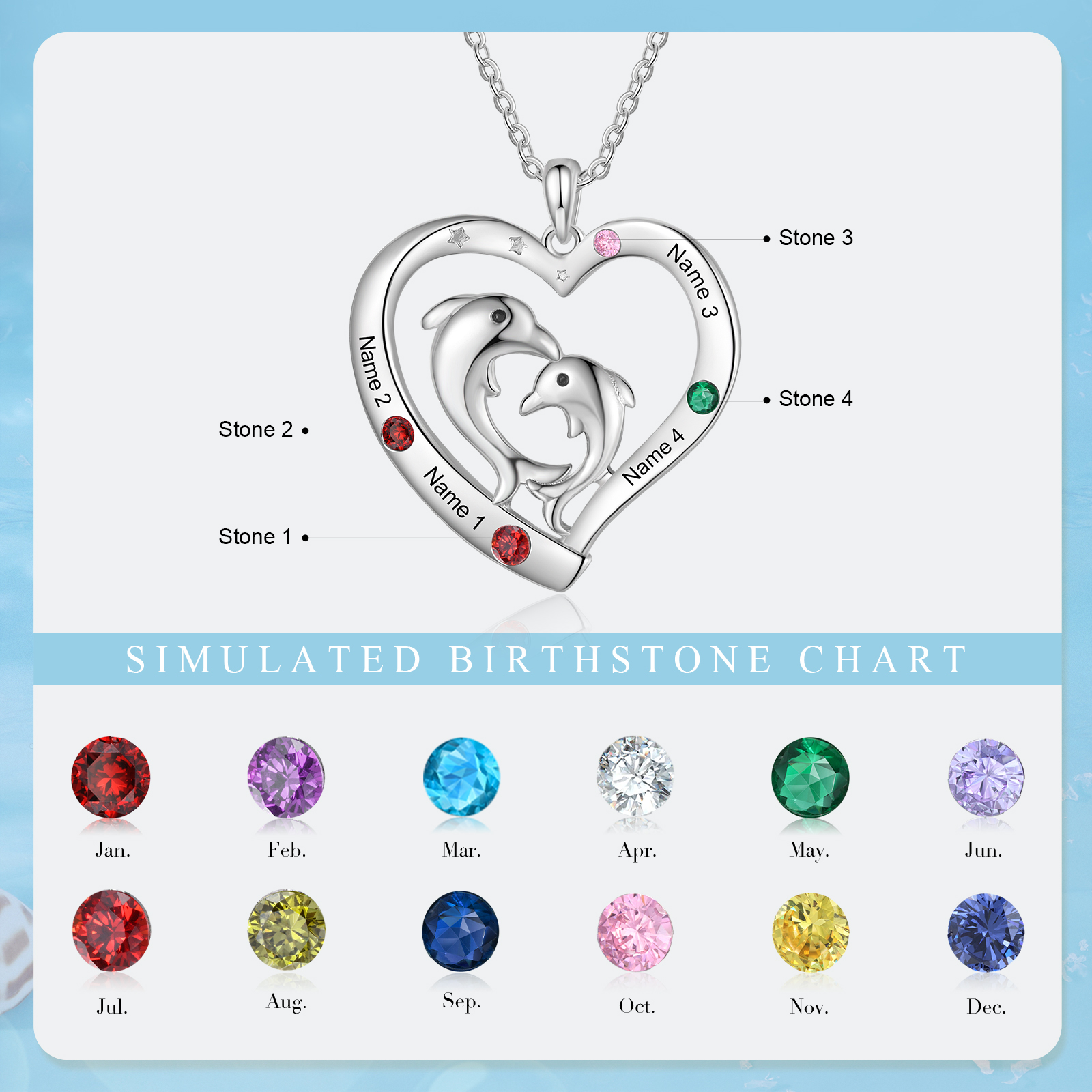 Personalised Heart Dolphin Pendant Necklace Custom 4 Birthstones Engraved 4 Names Necklace Gift for Her-Jessemade AU