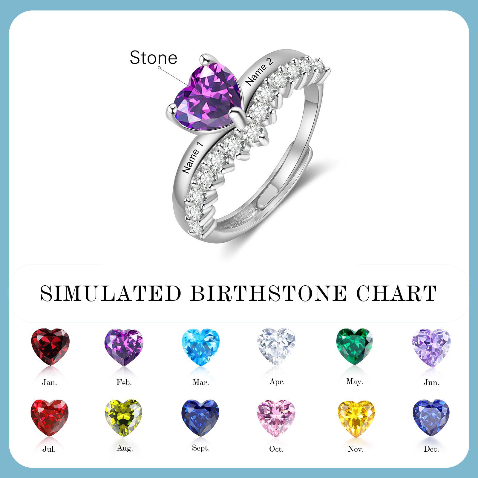 Personalised Heart Birthstone Ring Custom 2 Names Open Ring Gift for Women Girls-Jessemade AU