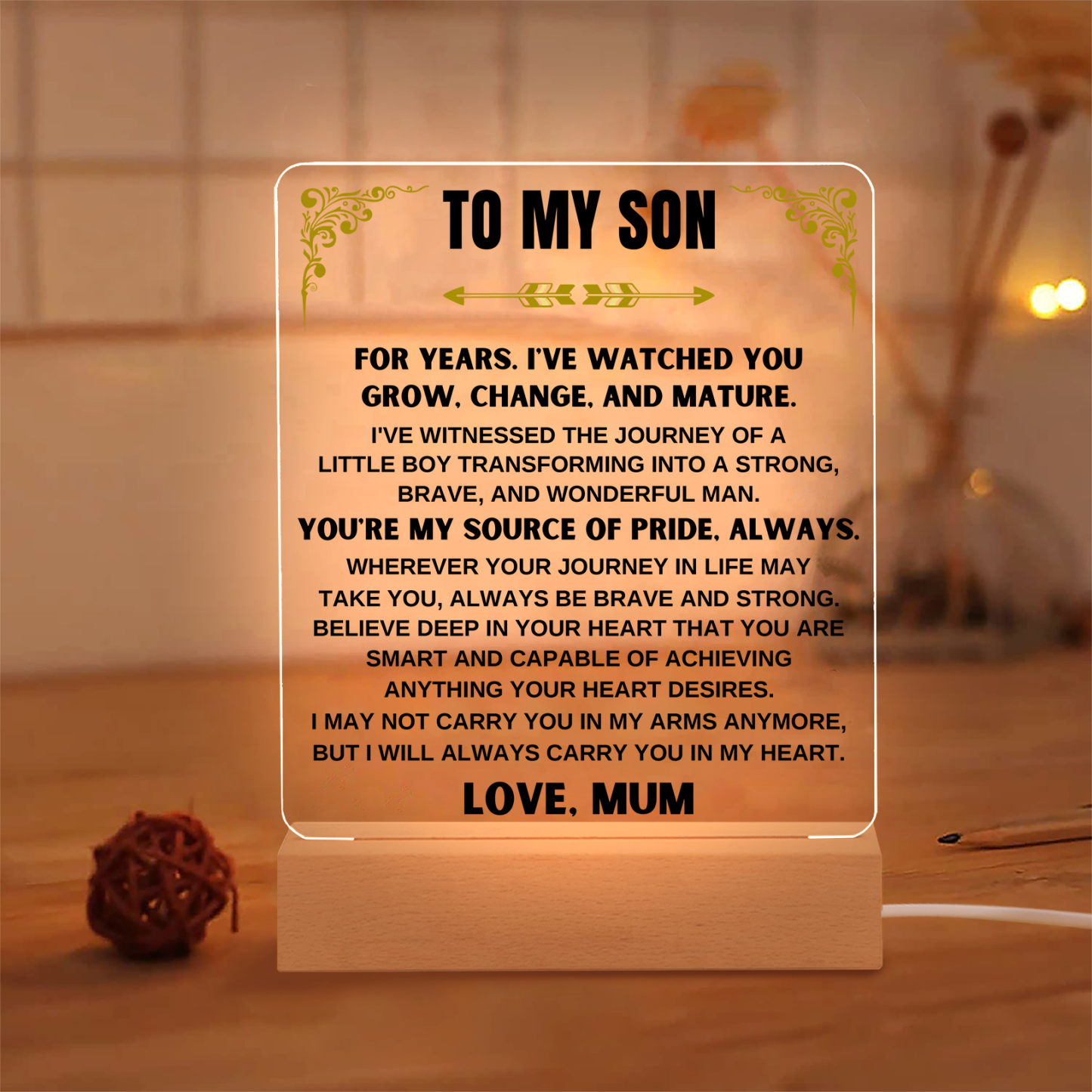 To My Son Acrylic Night Light, "You're My Source Of Pride, Always" LED Lamp Heartwarming Gifts-Jessemade AU
