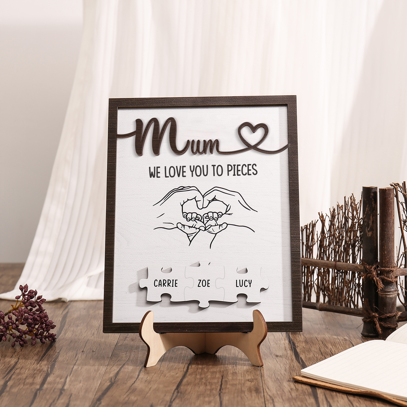 Personalised Puzzle Pieces Wooden Plaque Custom 3 Names & Text & Salutation Holding Hands Family Wooden Sign With Stand Gifts for Mum-Jessemade AU
