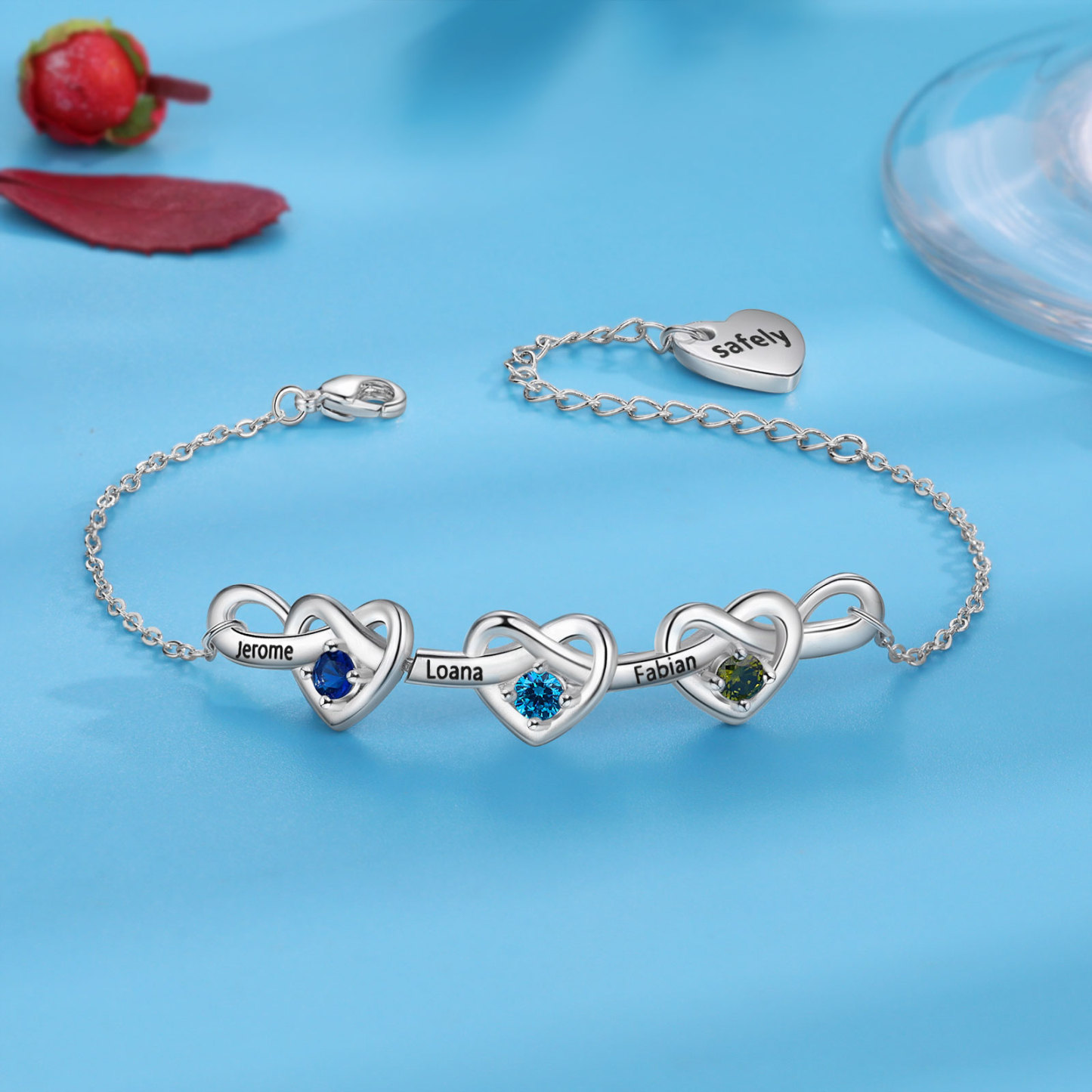 3 Names - Personalised Linked Heart Bracelet Custom 3 Birthstones Engraved Text Bracelets-Jessemade AU