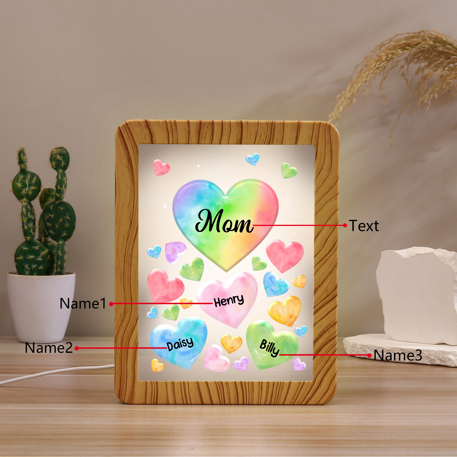 Personalised Night Light Mirror Frame Custom 1 Text & 3 Names Colourful Hearts Family LED Lamp Gift for Grandma/Mother-Jessemade AU