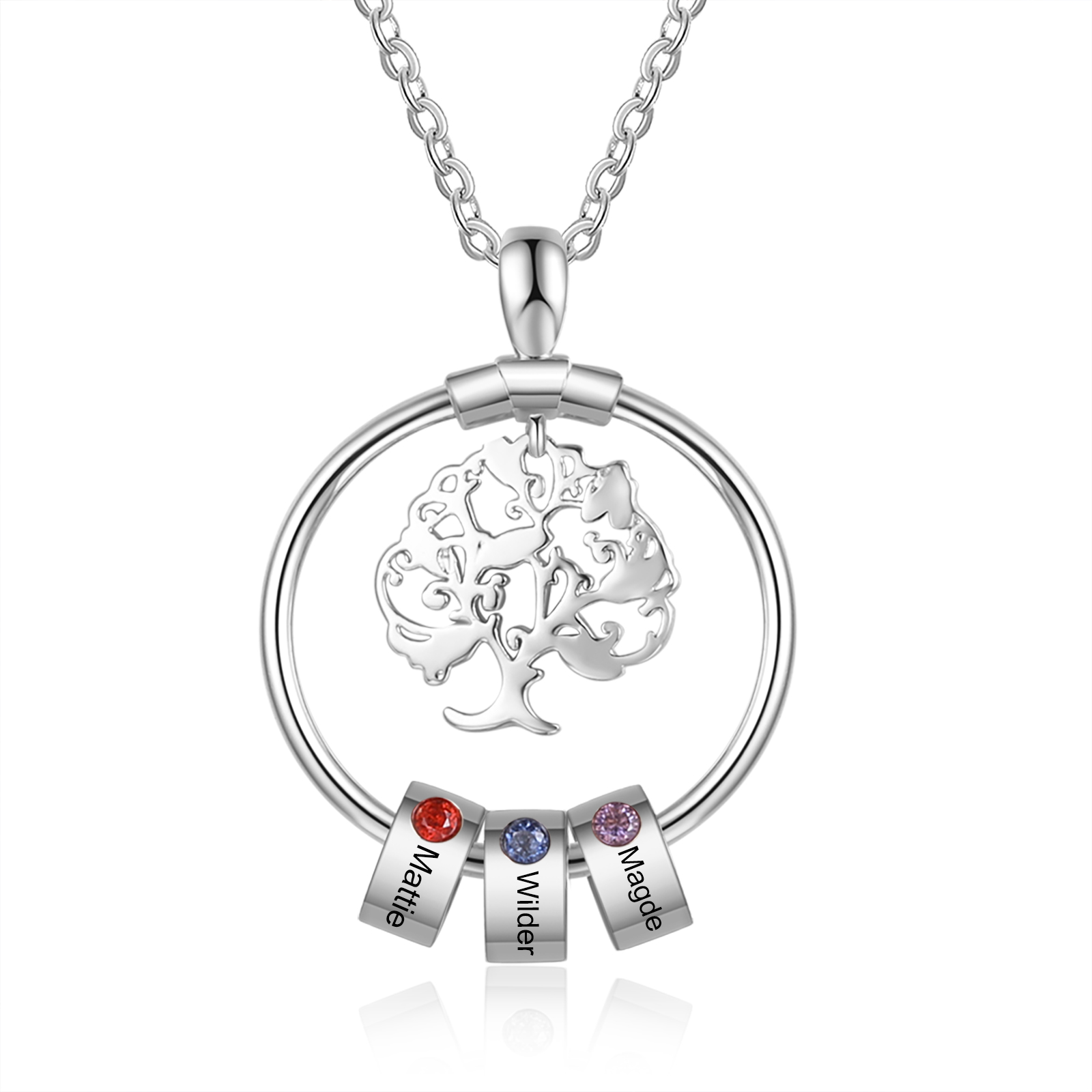 Personalised Family Tree Necklace With 3 Birthstones Engraved Names Gift For Mother-Jessemade AU