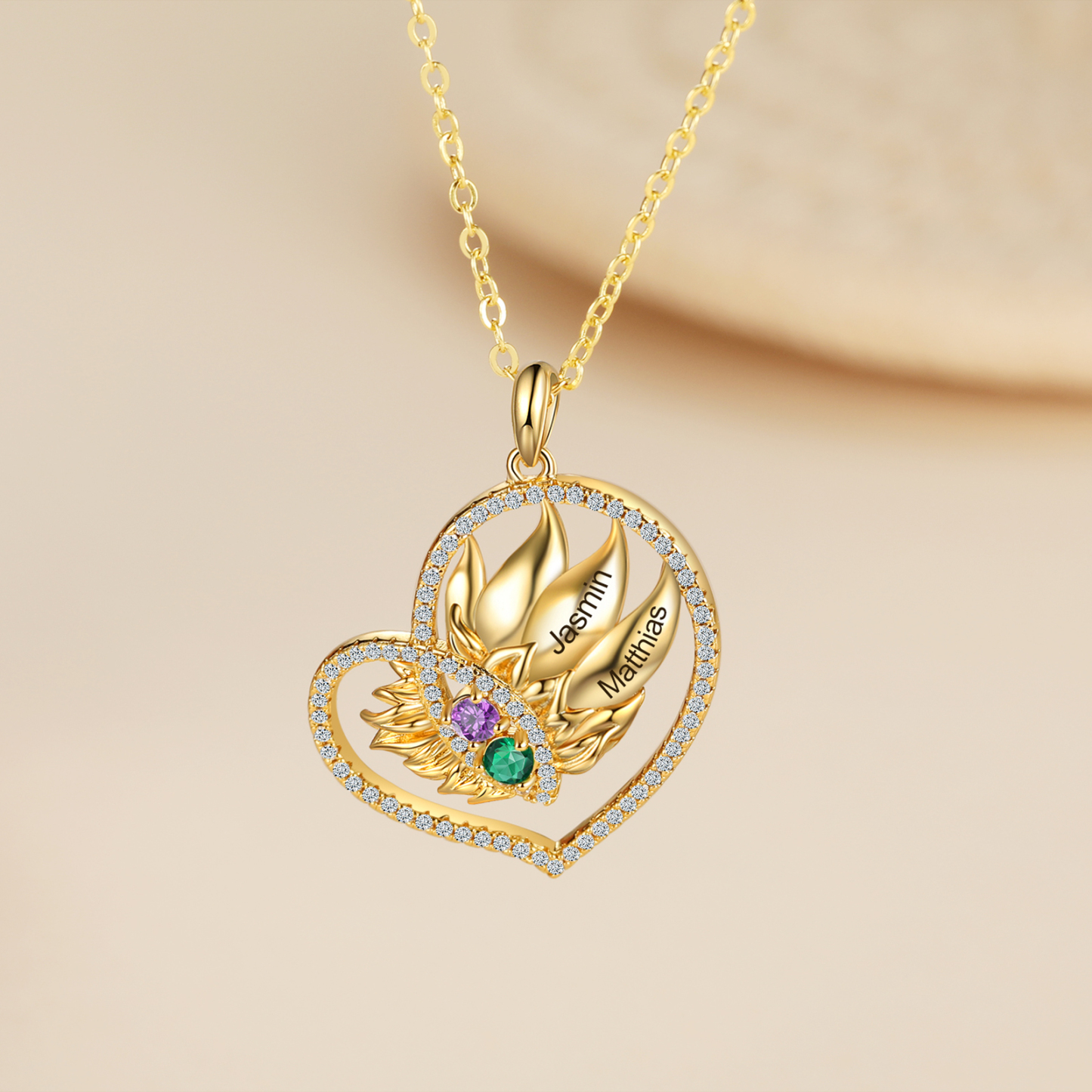 Personalised Heart Necklace With 2 Birthstones Engraved Names Necklace Gift For Women-Jessemade AU