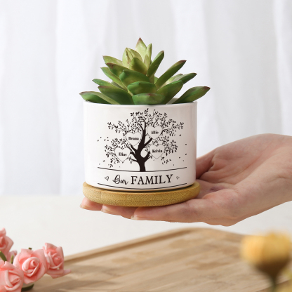 Personalised Ceramic Flowerpot with Wooden Base Custom 4 Names & 1 Text Family Tree Flowerpot Gift for Mother/Grandma-Jessemade AU