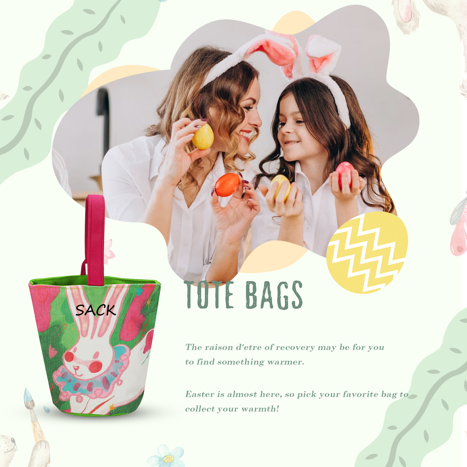 Personalised Bunny Tote Bag Custom Name Bunny Basket Bucket Bag Easter Gifts for Him/Her-Jessemade AU