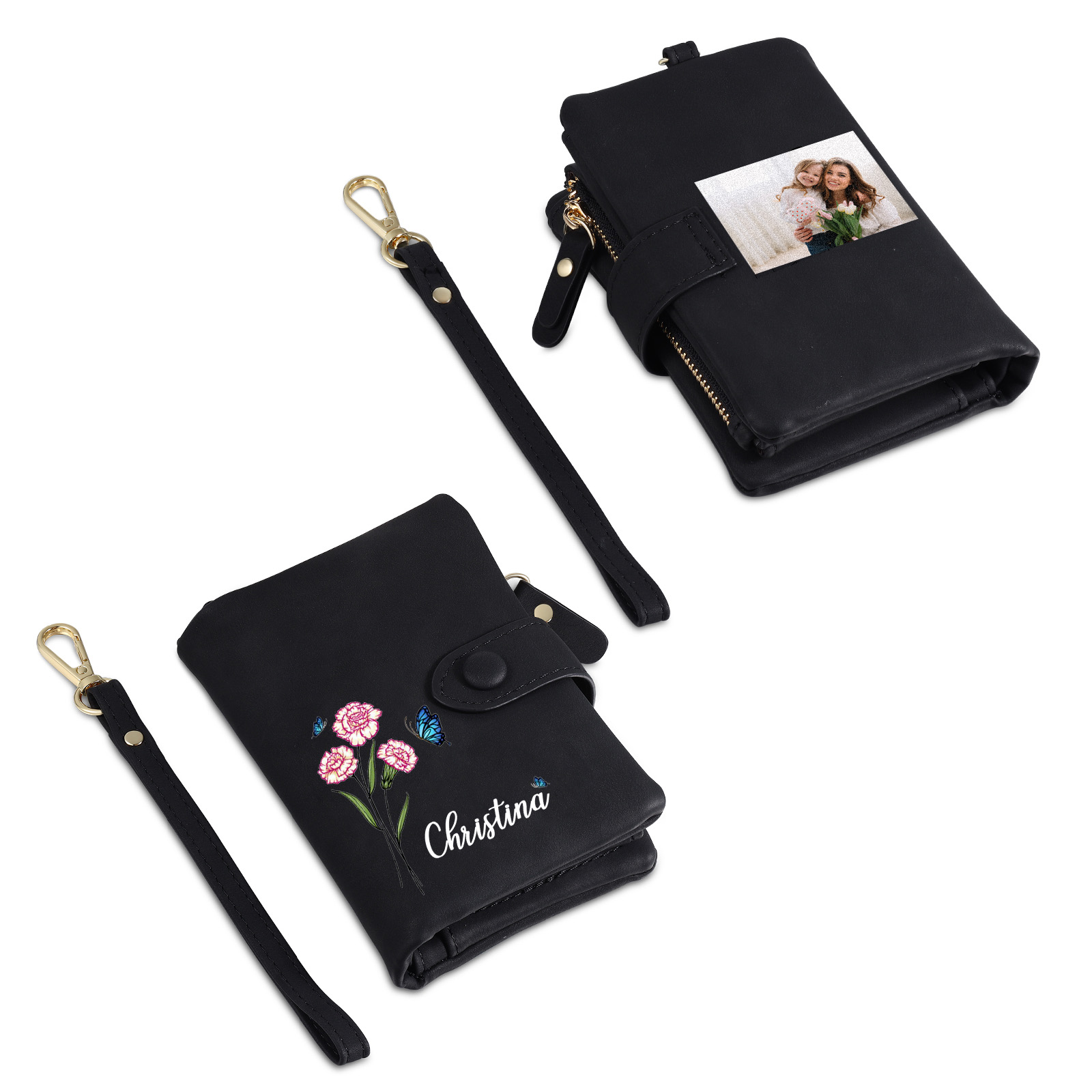 Personalised Women's Leather Wallet Custom Birthday Flower & Name & Photo Wallet Gift for Her