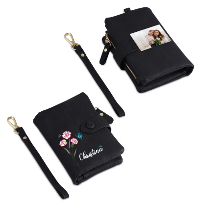 Personalised Women's Leather Wallet Custom Birthday Flower & Name & Photo Wallet Gift for Her
