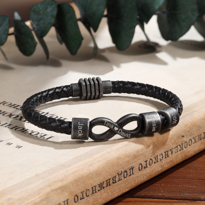 3 Names - Vintage Men's Leather Bracelet Custom Text Beads Bracelet Infinity Bracelet Valentine's Day Personalised Gift for Him-Jessemade AU