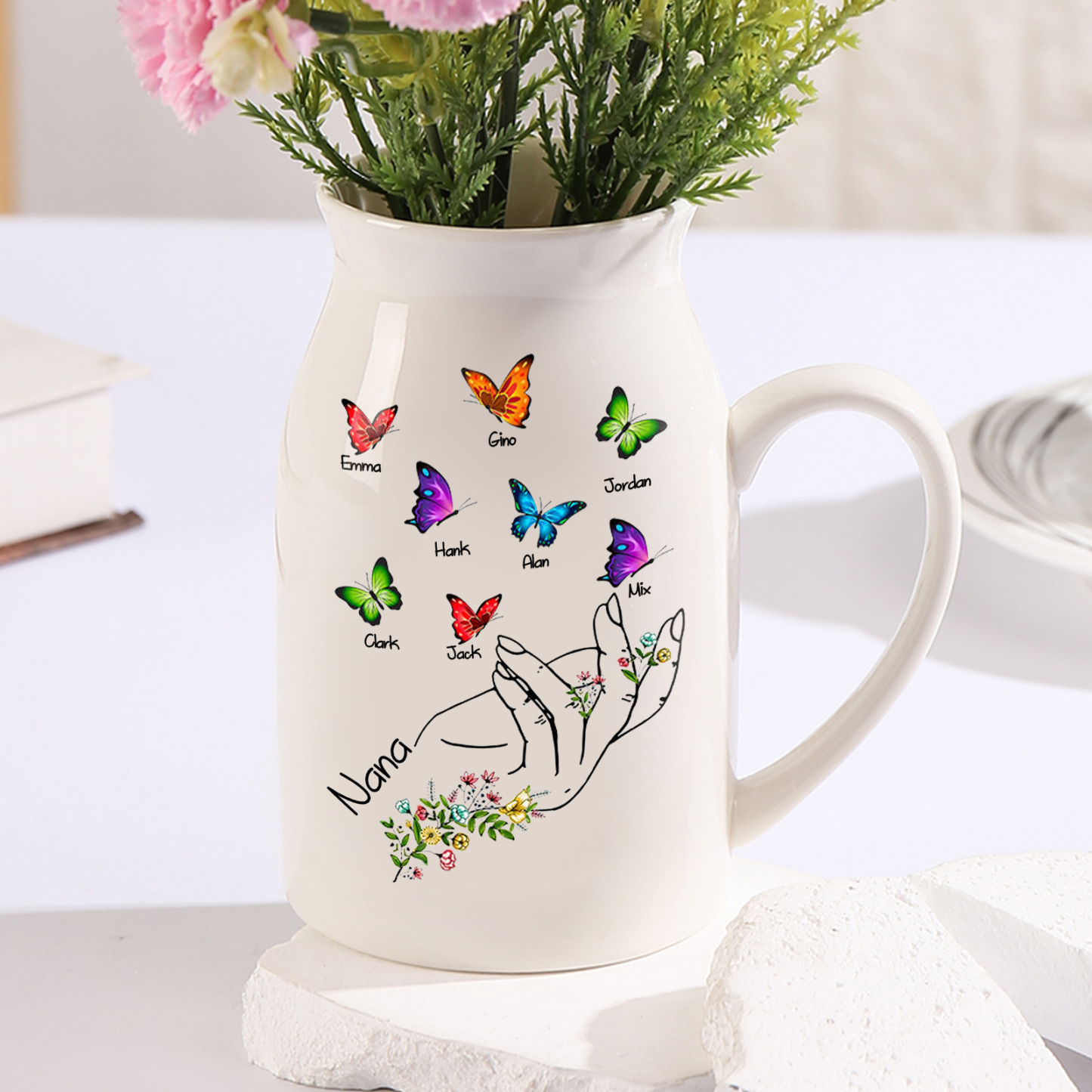 Personalised Ceramic Flower Vase Custom 2–8 Names & 1 Text Butterfly In Hand Vase Gift for Mother/Grandma-Jessemade AU