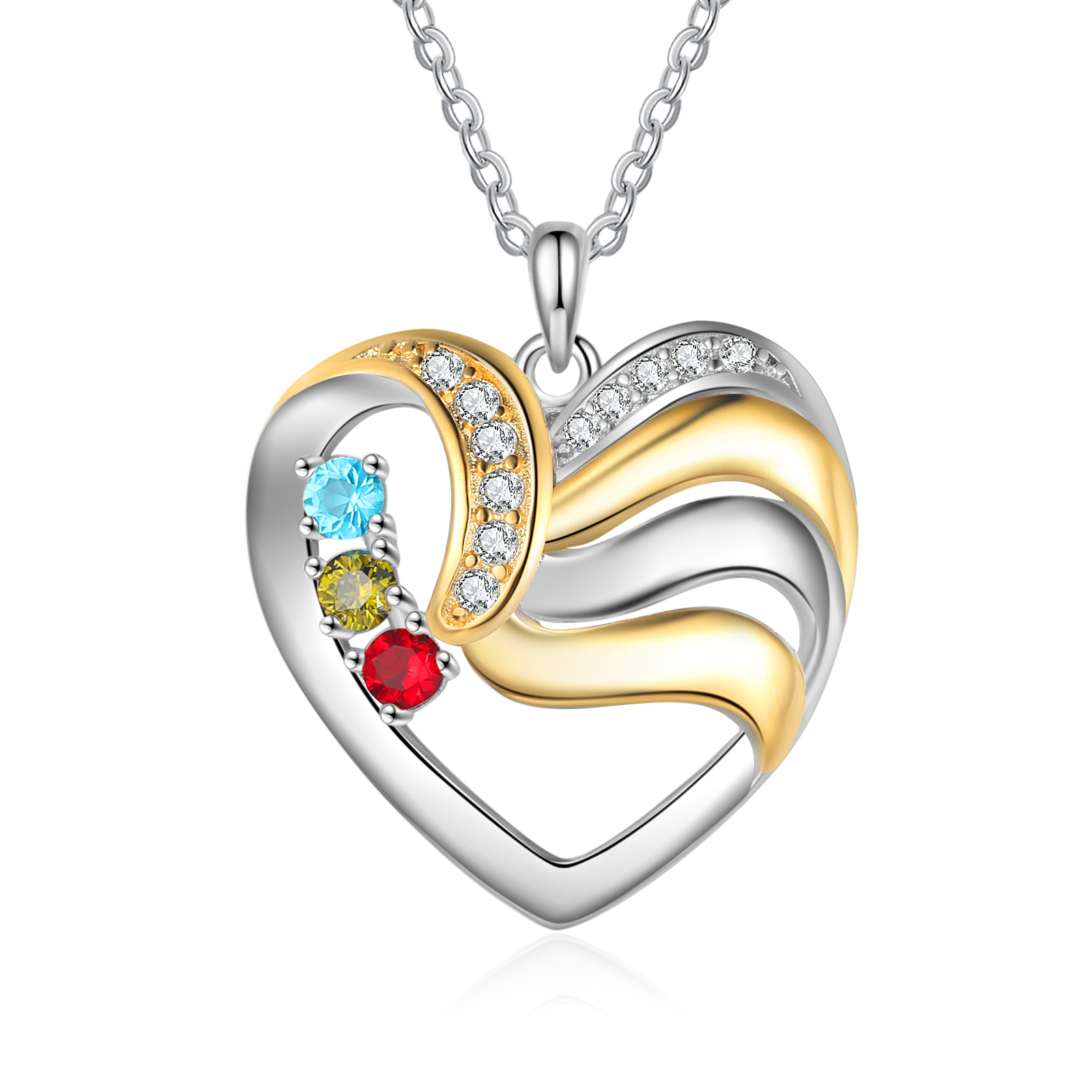 Personalised Heart Necklace with 3 Birthstones Engrave Names Family Necklace for Mom-Jessemade AU