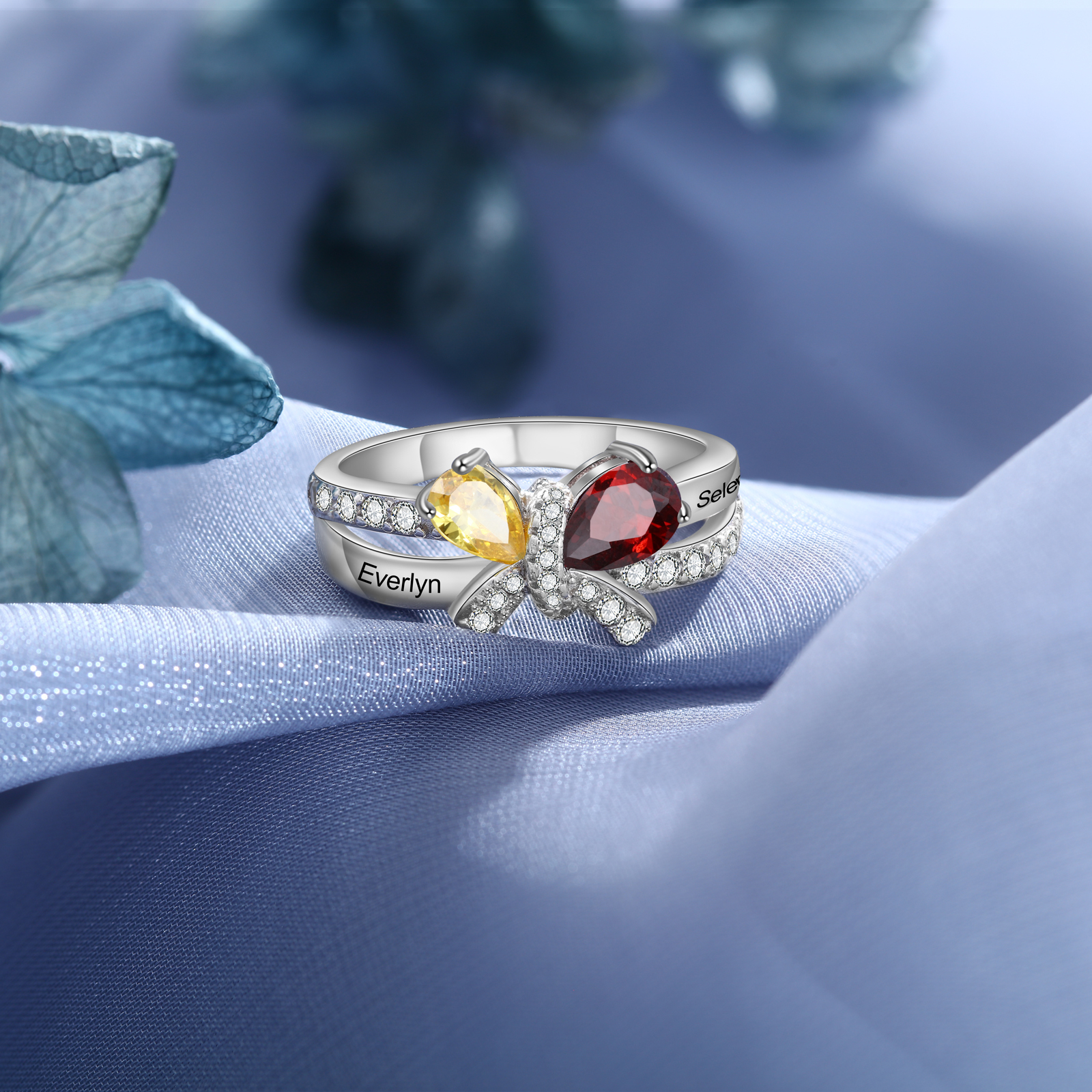 Personalised Butterfly Ring With 2 Birthstones Engraved Names Ring Gifts For Her-Jessemade AU
