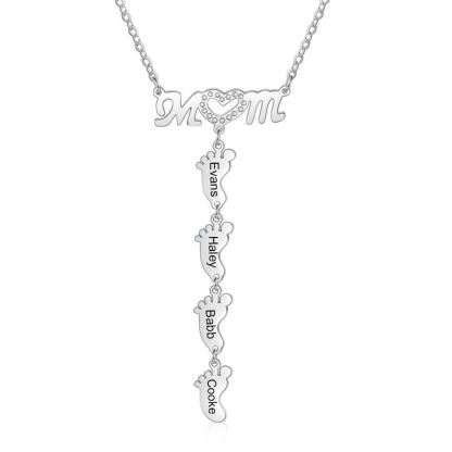 Mother Necklace with 4 Baby Feet Pendants Engraved 4 Names Rose Gift Set