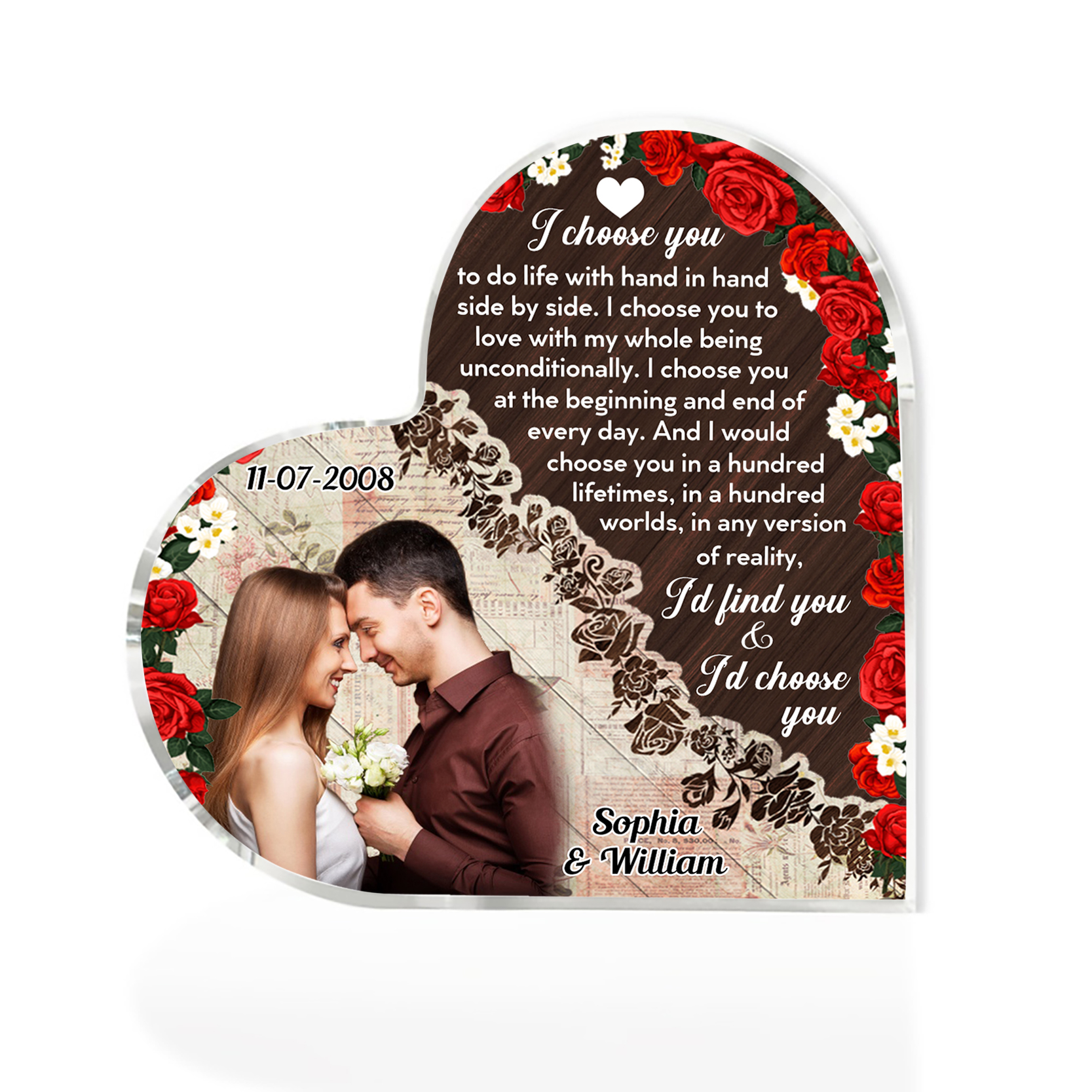 Couple Acrylic Heart Keepsake Custom 2 Names & Date & Photo Ornament Valentine's Day Gift -  I Choose You To Do Life With Hand In Hand Side By Side-Jessemade AU