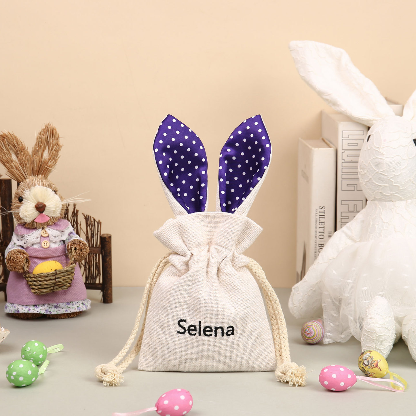 Personalised Bunny Tote Bag Customised with Name Bunny Drawstring Bag Easter Gifts-Jessemade AU