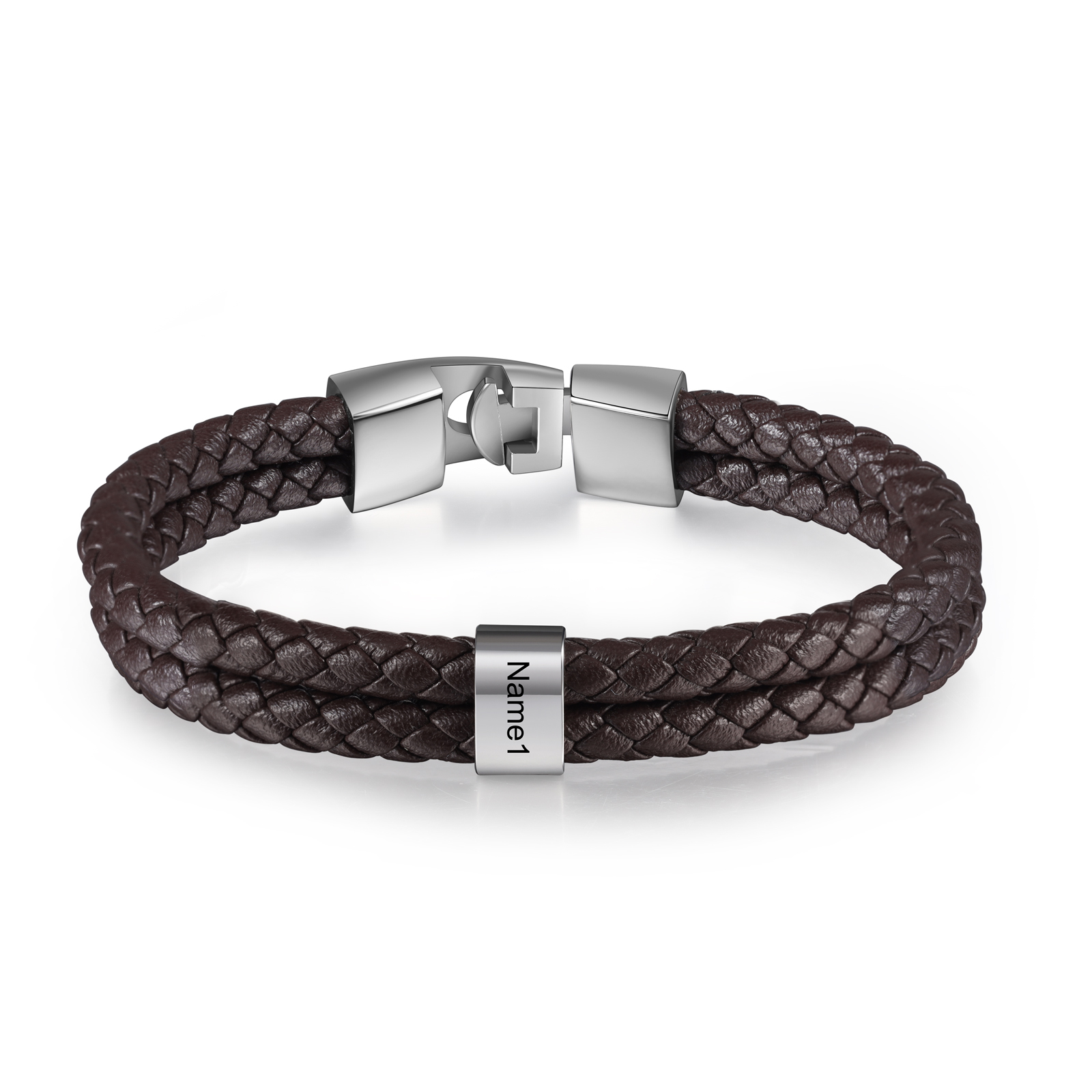 Brown Personalised Double Layered Braided Leather Bracelet Engraved 1 Name Mens Bracelet for Him-Jessemade AU