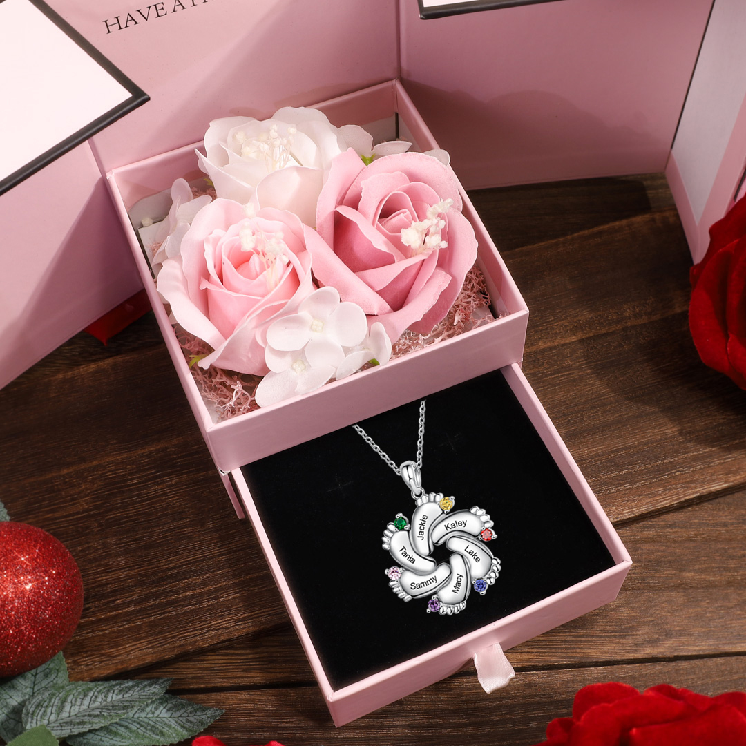Baby Feet Necklace Custom 6 Birthstones Family Gifts Set for Mum