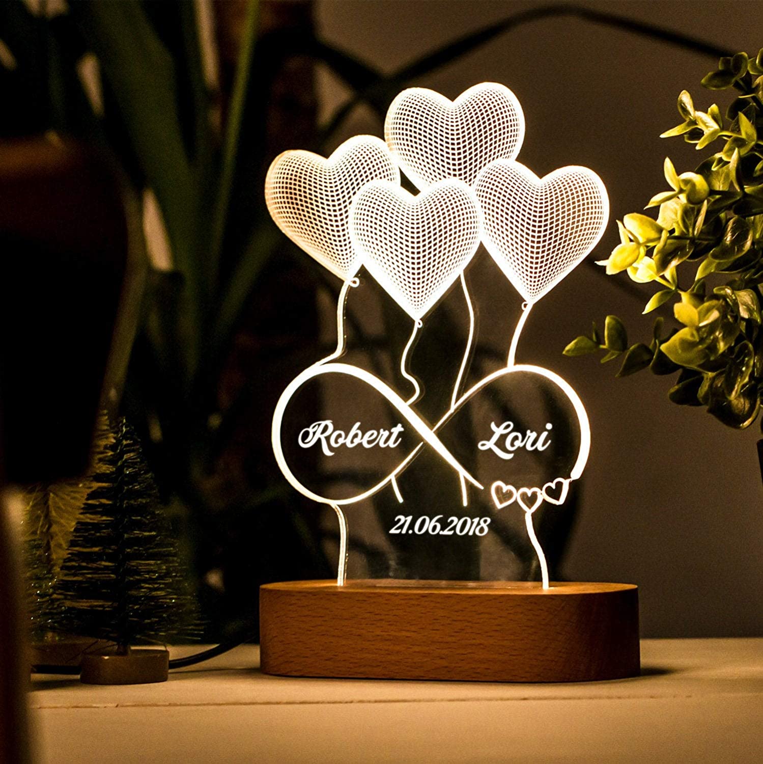 Personalised Heart Balloon Night Light Engraving 2 Names Infinite Love Style Wooden Lamp