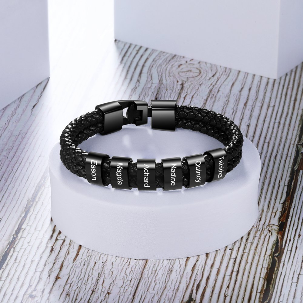 Personalised Braided Leather Bracelet Engraved 1 Name Men's Bracelet Gifts For Him-Jessemade AU