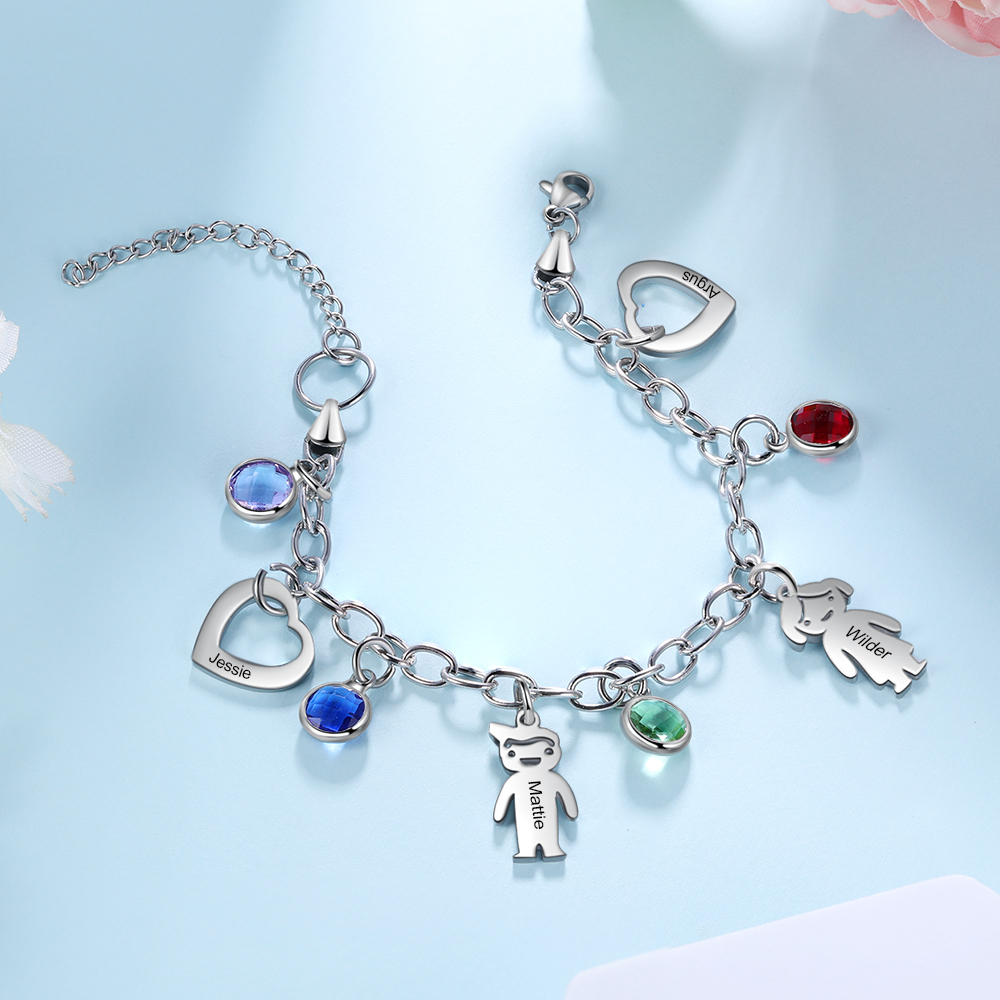 Personalised Kids Charm Bracelet With 3 Birthstones Engraved Names Bracelet Gift For Her-Jessemade AU