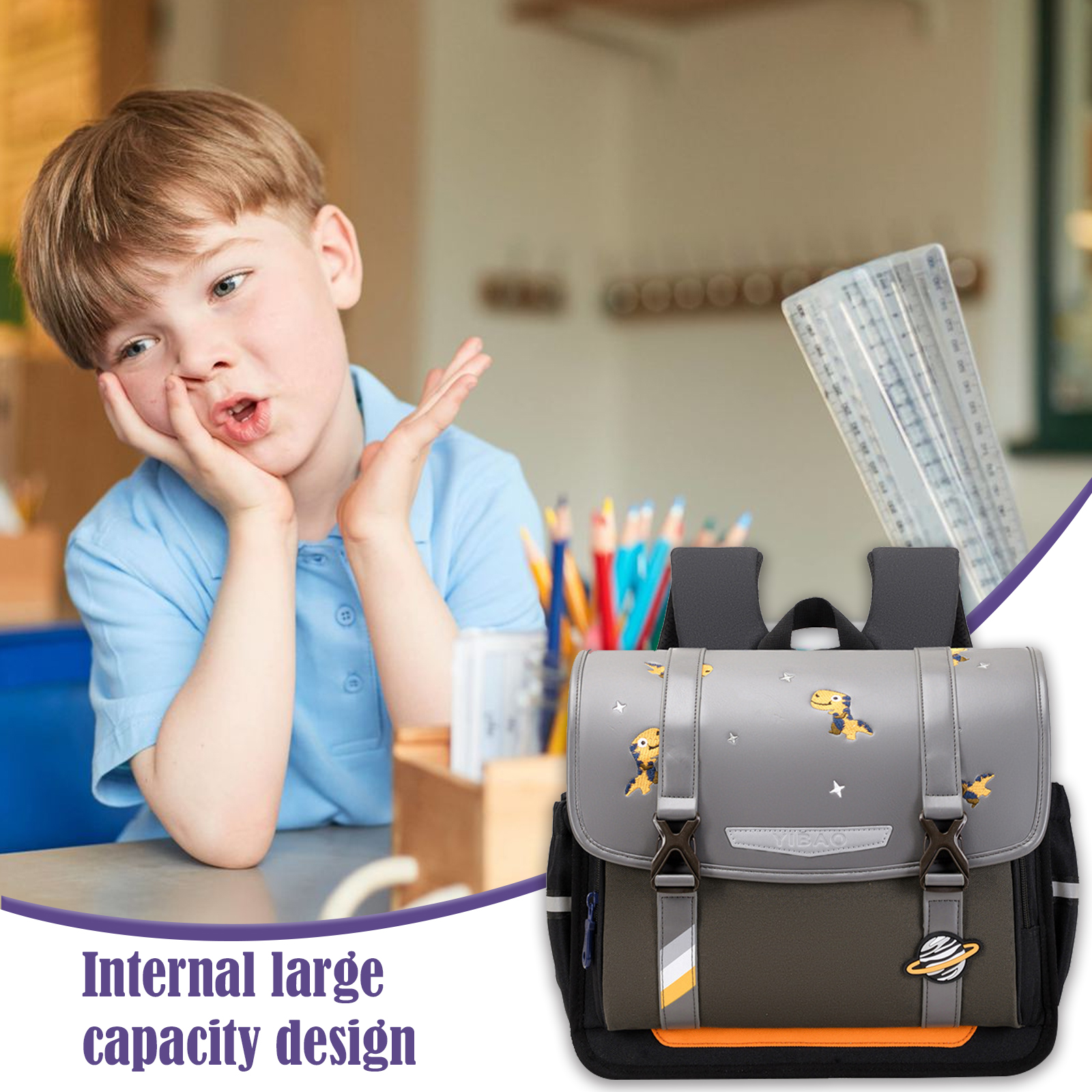 Children Dinosaur Cartable School Bag Grey Backpack Travel Bag Gift for Kids-Jessemade AU