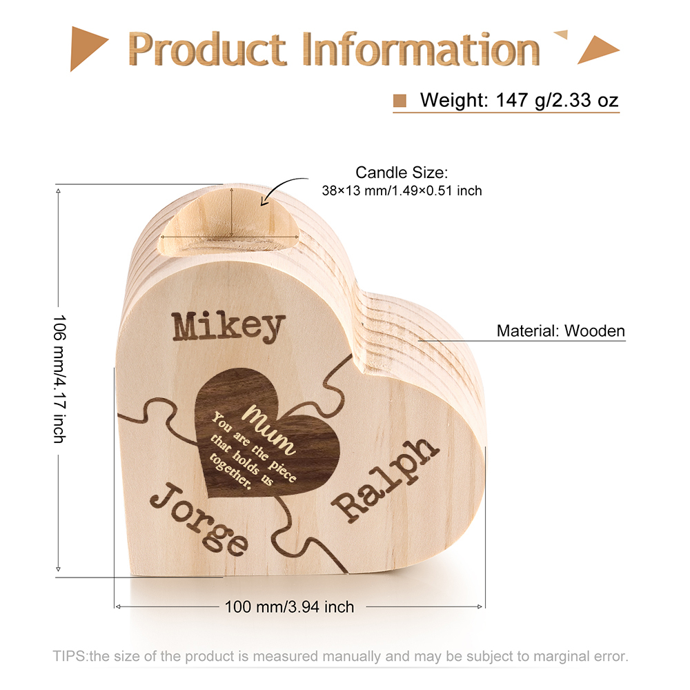 To My Mum Personalised 3 Names Puzzle Candle Holder Wooden Candlestick "You Are The Piece That Holds Us Together"-Jessemade AU