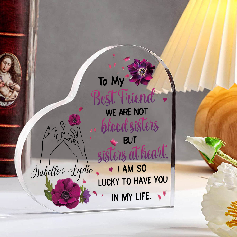 To My Best Friend Acrylic Heart Keepsake Customised 2 Names Violets Ornament "We Are Not Blood Sisters But Sisters At Heart" Gift For Her-Jessemade AU