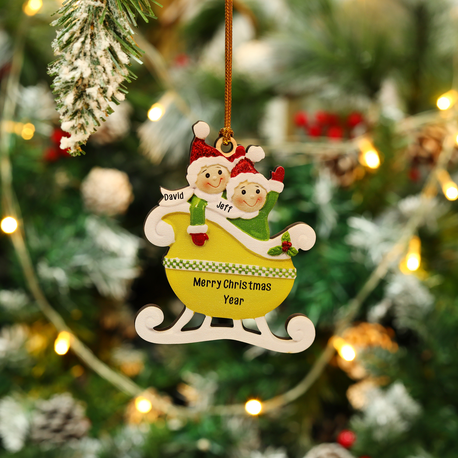 2 Names - Personalised Yellow Sleigh Family Christmas Ornament Customised Name & Text Wooden Hanging Ornaments Christmas Gift for Family-Jessemade AU