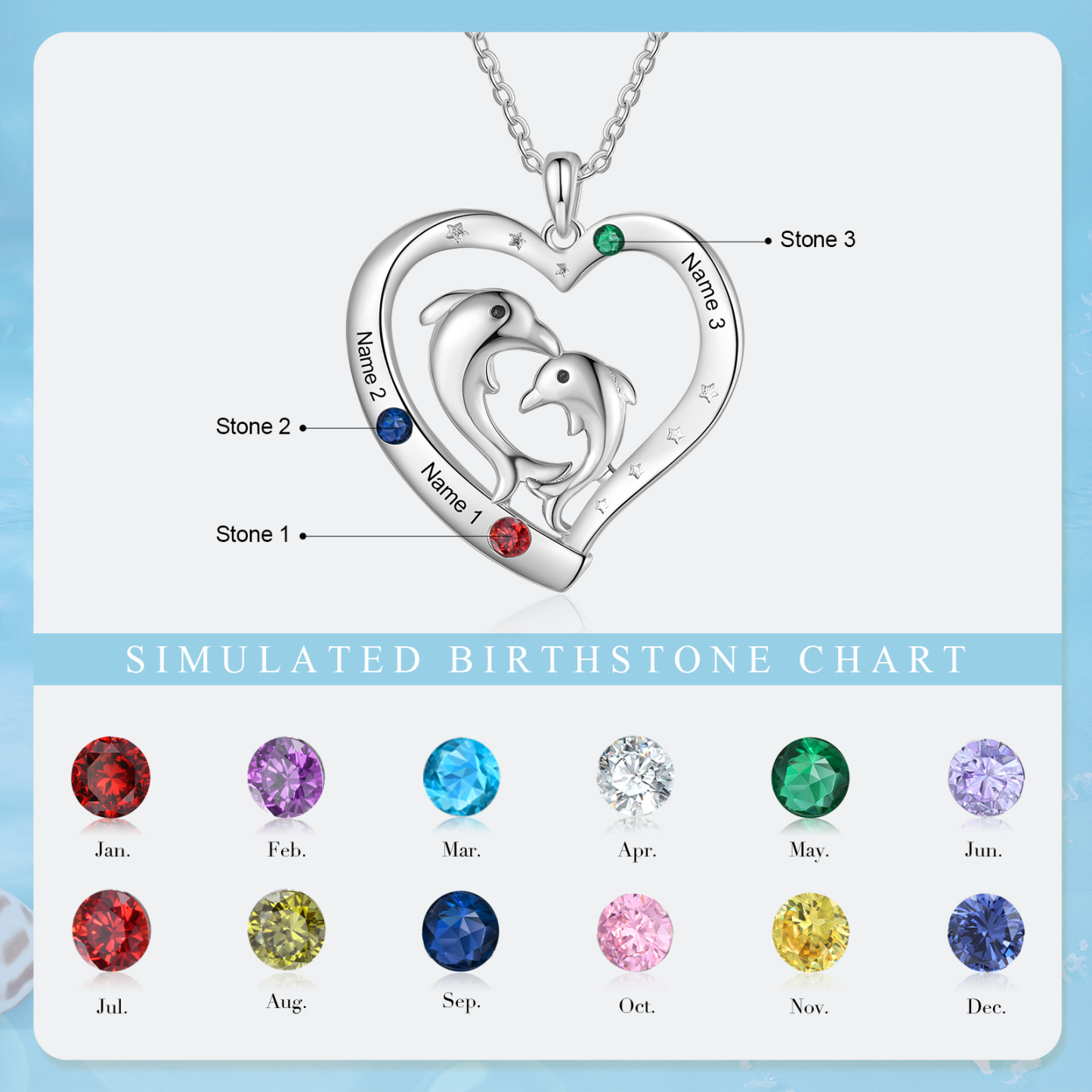Personalised Heart Dolphin Pendant Necklace Custom 3 Birthstones Engraved 3 Names Necklace Gift for Her-Jessemade AU